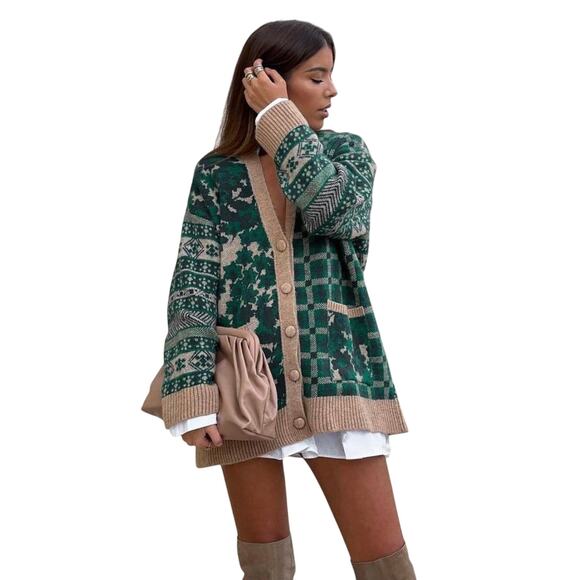 Zara Courtyard Patchwork Oversized Cardigan Sweater Green Tan Small - Picture 3 of 9
